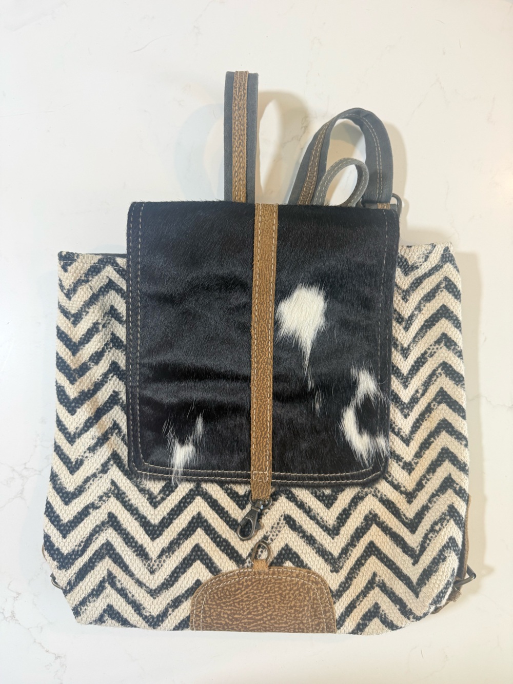 Myra Bag Black White Chevron Canvas Backpack with Brown Trim